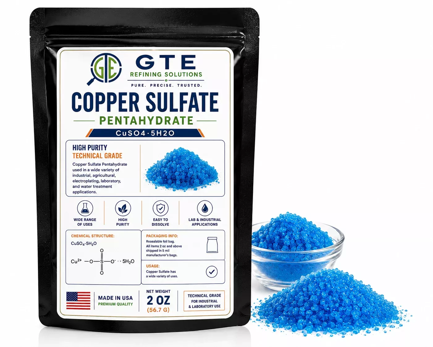 Copper Sulfate Pentahydrate Crystals 2 oz - Fine Crystal - Electroplating Grade
