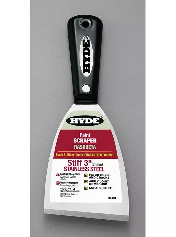 Hyde Tools 01440 3" Stiff Black & Silver Stainless Steel Chisel Scraper