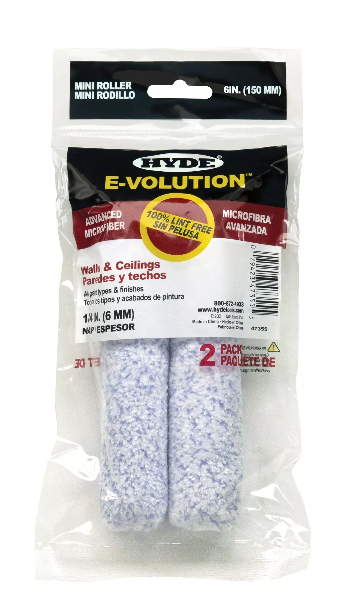 Hyde Tools 47355 6" E-volution Mini Roller Cover, 1/4" Nap, 2-Pack
